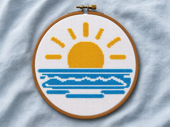 Sunrise over water cross stitch pattern with a yellow sun and blue waves