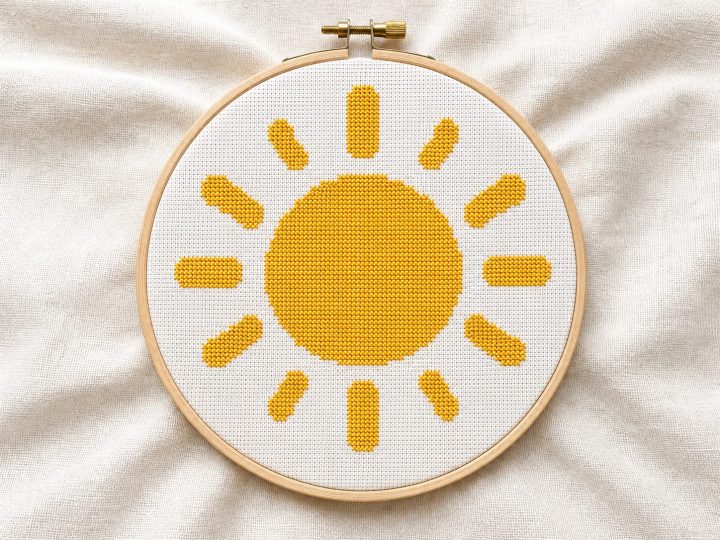 Finished yellow sun cross stitch pattern in a wooden embroidery hoop