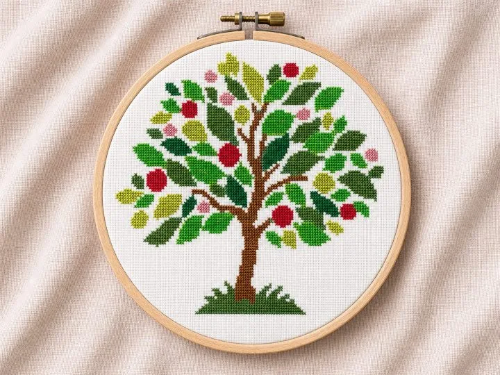 Colorful apple tree cross stitch pattern displayed in a wooden embroidery hoop