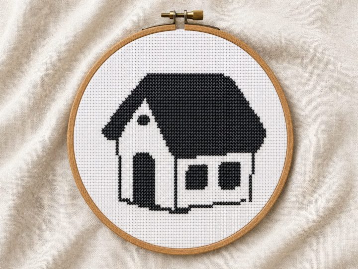 Finished black simple house cross stitch pattern in a wooden embroidery hoop