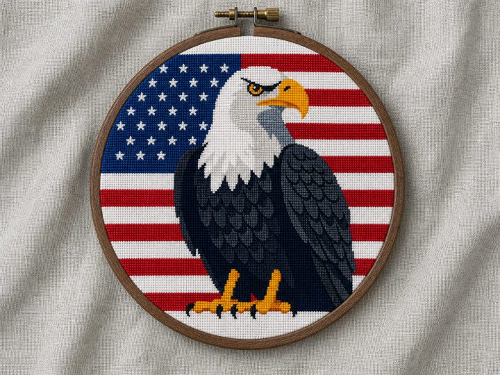 American bald eagle and US flag cross stitch pattern in a wooden hoop