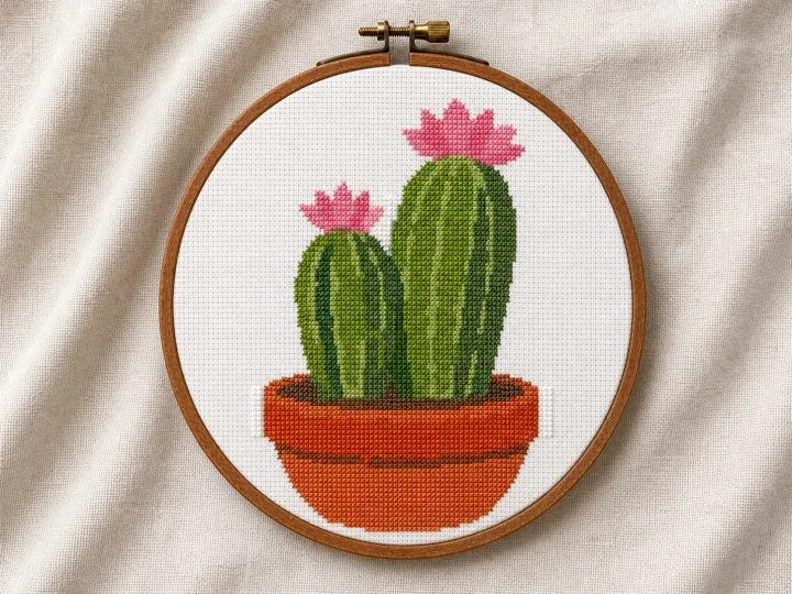 Flowering cactus cross stitch pattern displayed in a wooden embroidery hoop