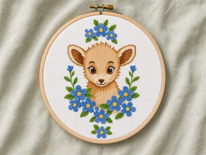 Little fawn surrounded by blue flowers cross stitch pattern in an embroidery hoop