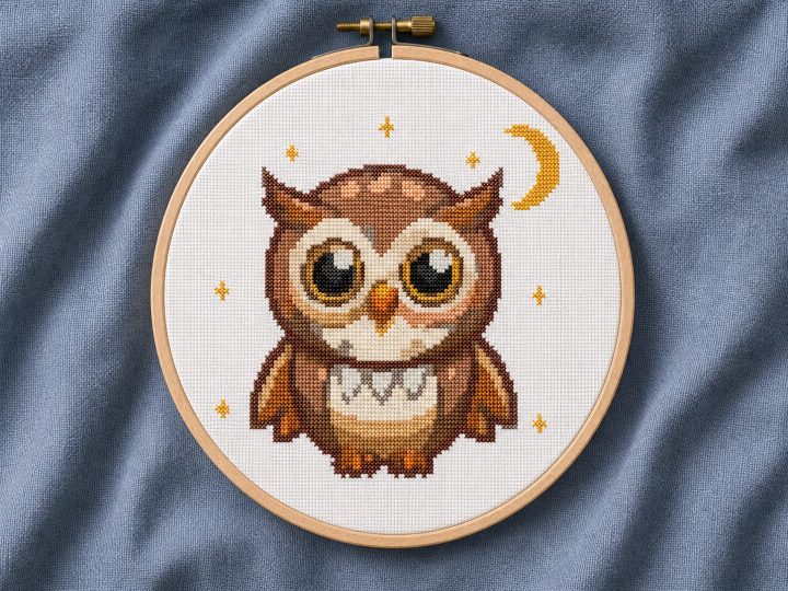 Moonlit owl cross stitch pattern with stars and crescent moon in an embroidery hoop