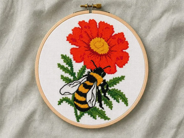 Red flower and bumblebee cross stitch pattern stitched in a wooden hoop