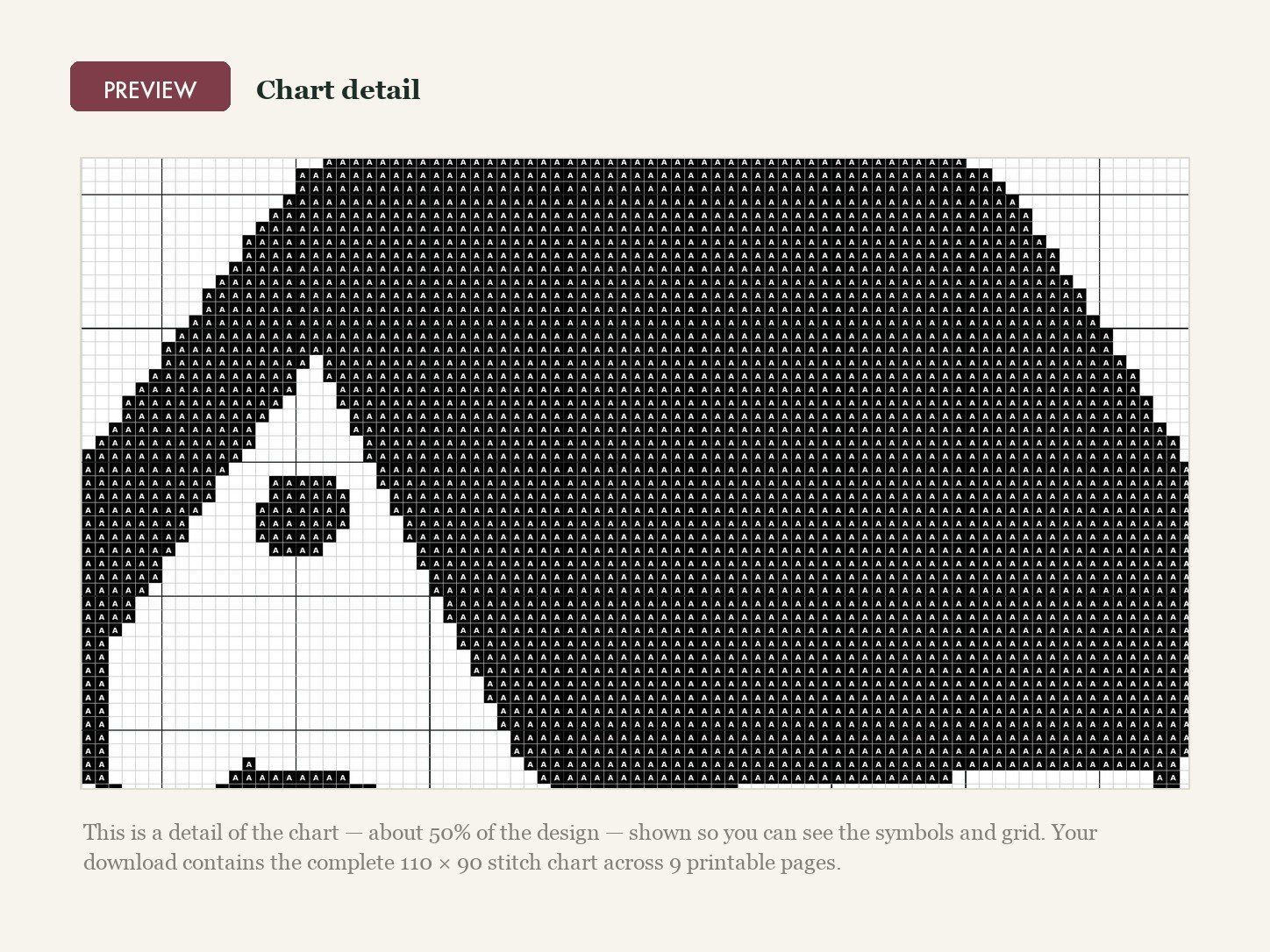 Detail of the Simple House Cross Stitch Pattern PDF chart showing DMC colour symbols on a counted cross stitch grid