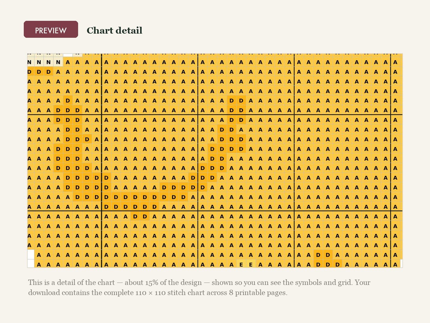 Detail of the Spring Duckling Cross Stitch Pattern PDF chart showing DMC colour symbols on a counted cross stitch grid