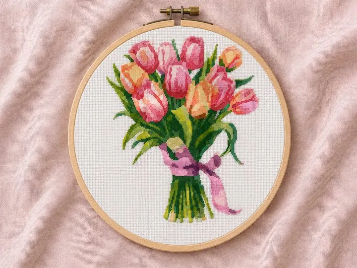 Pink and peach spring tulip bouquet cross stitch pattern in a wooden hoop
