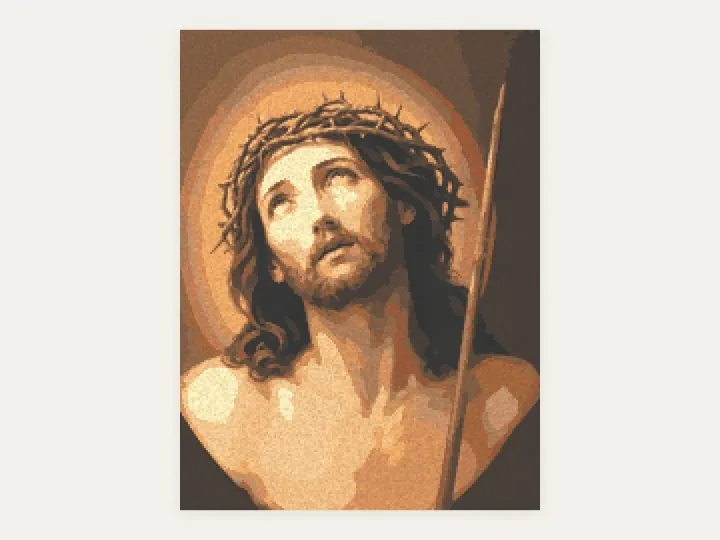 Crowned with Thorns cross stitch pattern stitched in 16 DMC colours, Christ gazing upward with a golden halo