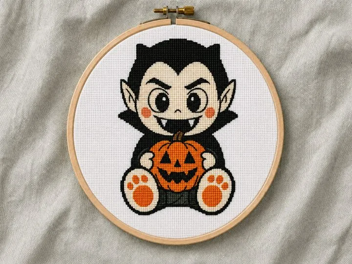 Cute baby vampire with a pumpkin cross stitch pattern stitched and shown in an embroidery hoop