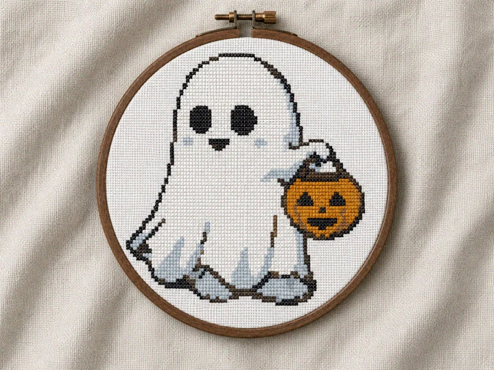 Halloween Ghost with Pumpkin Cross Stitch Pattern PDF