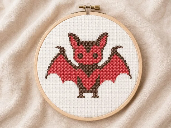 Little red bat cross stitch pattern stitched and shown in an embroidery hoop