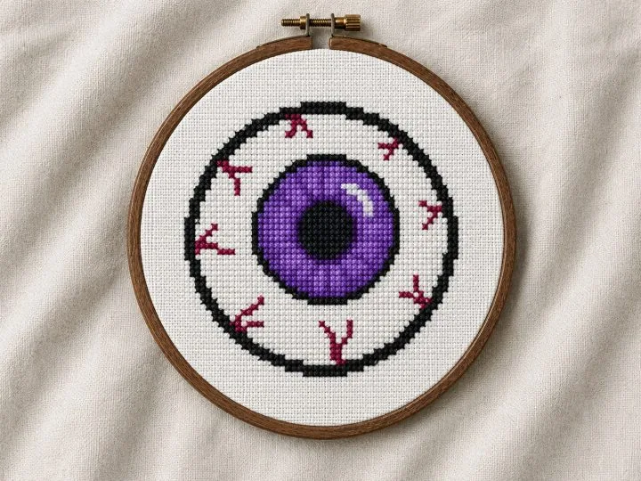 Spooky eyeball cross stitch pattern stitched and shown in an embroidery hoop