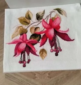 Fuchsia flowers cross stitch finished by a Clover Stitchery customer