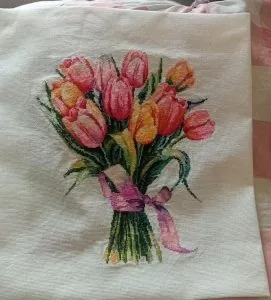 Tulip bouquet cross stitch finished by a Clover Stitchery customer