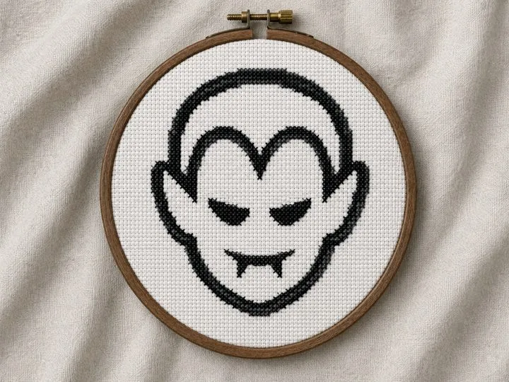 Two colour vampire head cross stitch pattern stitched and shown in an embroidery hoop