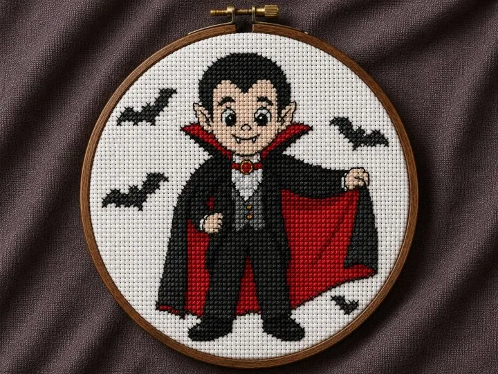 Vampire with four bats cross stitch pattern stitched and shown in an embroidery hoop