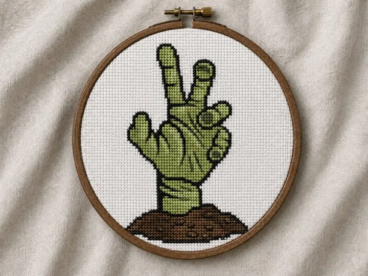 Zombie hand cross stitch pattern stitched and shown in an embroidery hoop
